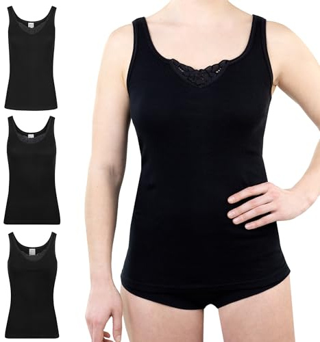 SES Top avec Dentelle Femme 36-52 en Lot de 3 Noir 100% Coton/Débardeur avec Dentelle pour Femme en Maille Fine et Douce/Caraco Femme Dentelle Basique ou Maillot de Corps Femme avec Dentelle
