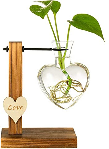 Gereton Terrarium en Verre avec Support en Bois, Vase en Coeur pour Bureau, Vase Hydroponique Vintage Transparent, Décor Bureau À Domicile, Cadeaux La Saint-Valentin