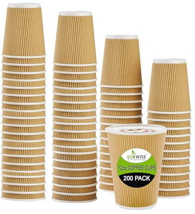 EcoWise | 200 X 12 Oz Ripple Cup | 340 ml | Brown | Kraft - 3 Ply | 100% Natural and Recyclable | Eco-Friendly | Drinking | Hot Coffee, Tea, Cappuccino & Cold Drinks | Disposable - By Best House