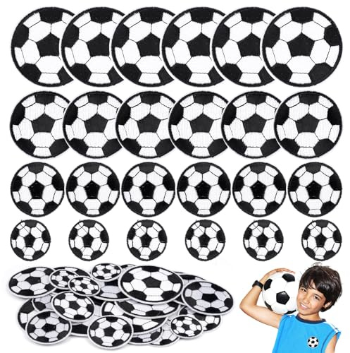 24 parches de fútbol para planchar, 4 tamaños, bordados para niños, termoadhesivos, termoadhesivos, para ropa, vaqueros, bolsos, decoración