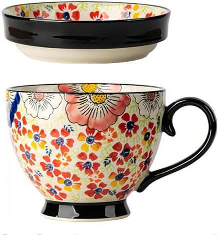 Dowbom Tasse à soupe avec couvercle, bol à soupe pour micro-ondes, 500 ml, tasse à soupe en céramique, bol à petit déjeuner, tasse à bouillon (fleur-B, 500 ml)