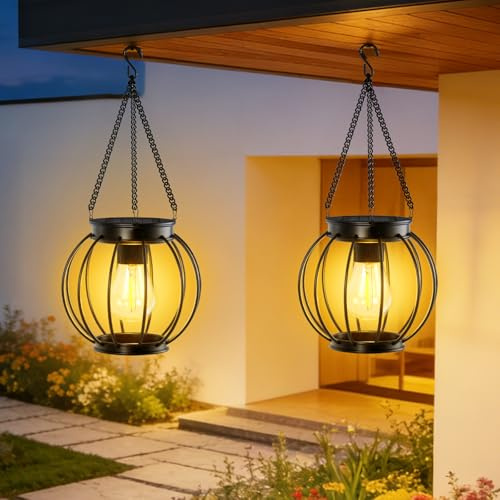 OUTONLIFE Lanterna Solare da Esterno, Metallo Impermeabile, LED Bianco Caldo, Accensione/Spengimento Automatico, Lanterna Decorativa Luminosa per Giardino, Patio, Cortile, Veranda, 2 Pezzi