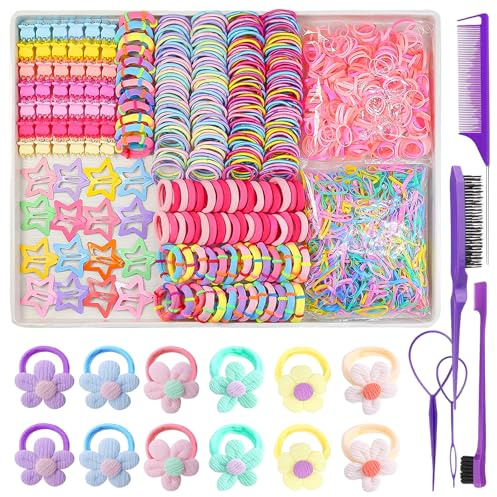 889 pcs Cute Girls Hair Ties Set Colorful Elastic Hair Bands Toddler Hair Accessories for Girls with 12 pcs Flower Hair Ties
