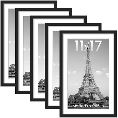 upsimples 11x17 Picture Frame Set of 5, Display Pictures 9x15 with Mat or 11 x 17 Without, Wall Gallery Poster Frames, Black