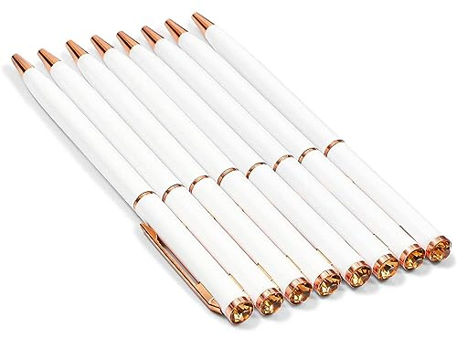 Paper Junkie Penne a sfera sottili bianco e oro rosa – Confezione da 8 penne a sfera con punta da 1 mm, corpo in metallo, strumenti di scrittura con pietre preziose