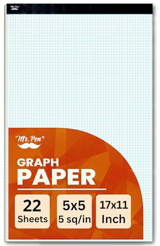 Mr. Pen - Bloc de papier millimétré, 43x28 cm, 5x5 (5 carreaux par pouce), 22 feuilles, Idéal pour les mathématiques, les graphiques et le dessin, papier quadrillé pour étudiants, ingénieurs, artistes