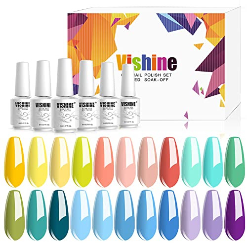 Vishine 24 Colors Soak Off UV LED Gel Nail Polish Plain Summer Range - 22 Pcs Gel Polish with No Wipe Top Coat Base Coat Starter Gel Nail Polish Set