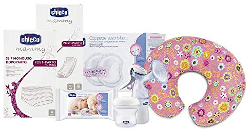 Chicco Kit Mamá Post Parto Completo incluye Compresas, Bragas Desechables, Discos de Lactancia, Toallitas, Sacaleches Manual, Recipientes Leche Materna y Cojín Lactancia Boppy, Blanco