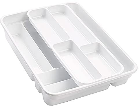 Plastic Forte - Portaposate in plastica 40 x 29 x 7,5 cm con 10 scomparti su 2 livelli, vassoio portaposate, supporto per utensili da cucina, colore: bianco