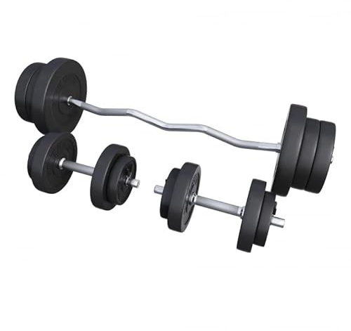 GORILLA SPORTS® Set Barre d'Haltères - 70kg, 2 Barres Courts 35cm et Curl SZ 120cm, Ø30 mm, 14 Disques de Poids, 6 Fermetures, en Plastique - Ensemble d'Haltères, Kit Haltère Musculation, Fitness, Gym