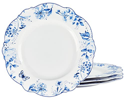 fanquare 28cm Pizza Pasta Serving Plates with Blue Floral Edge | Large Porcelain Round Plate, Party Plates Service for 4