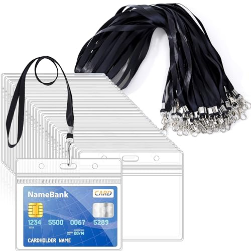 50pcs Black Lanyards for Neck with Clear Plastic ID Card Holders | Horizontal Sealable Waterproof Name Badge Holders with Nylon Lanyard for ID Cards Office School Bus Passes Doctors Visitors