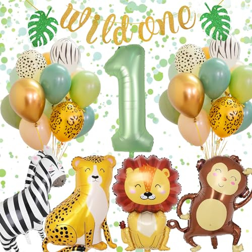Wild One Decorazioni Compleanno 1 Anno, Palloncini Animali Giungla Compleanno 1 Anno Bimbo, Primo Bimbo, Kit Palloncini Giungla Compleanno Festa per Ragazzi Ragazza.