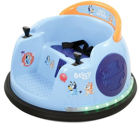 Bluey Kids Bumper Car - Official Licensed Kids Ride On Car - 6V Electric Ride On Toys - 360° Spin, LED Lights & Sounds - Safe Toddler Toy for 3+ 30kg Max & Anti-Collision Strips - Bluey Toys