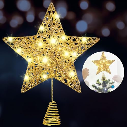 Seasboes Estrella para la punta del árbol de Navidad, Estrella dorada para la punta del árbol de Navidad, Estrella coronadora para árbol de Navidad, Punta de estrella dorada con LED para árbol de