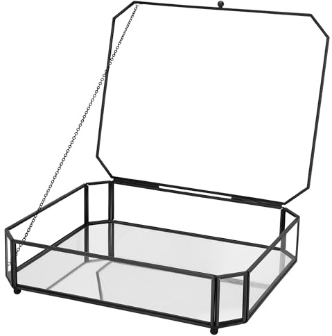 REDHUGO Large Glass Boxes for Display Handmade, Mirrored Bottom, Glass Jewelry Box with Lid, Trinket Box Book Photo Keepsake Organizer, Display Case for Vanity Decor Home Dresser, Octagon, Black