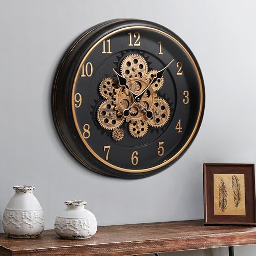 Mee 2ou Große Wanduhr mit Beweglichem Zahnrad, 16 Zoll / 40cm Retro Wanduhr für Wohnzimmerdekoration, Industrielle Steampunk Dekorative Wanduhr Vintage Bronze Gold Retro Wanduhr für Bauernhaus Wohnung