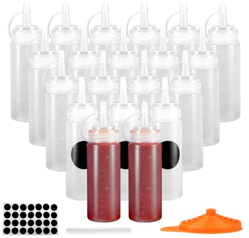 OAMCEG 20 Stück Quetschflasche 4oz 120ml Kunststoff Squeeze Flaschen, Würzmittel Squeeze Sprühflaschen mit Trichter, löschbarem Marker und 28 Labels, Quetschflasche für Ketchup BBQ Saucen