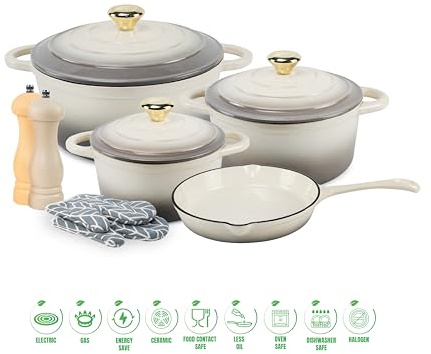 VAV GET 7-Piece Cast Iron Dutch Oven Cookware Set with Gloves and Mills, Cream, Large, 24cm, 21cm, 18cm, Includes Lids, Oven, Induction, Dishwasher Safe