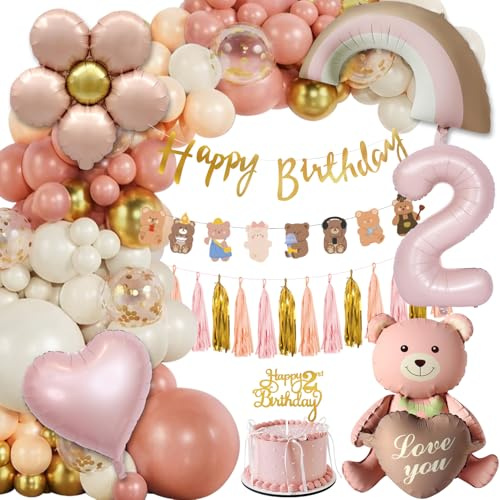Decoration Anniversaire 2 Ans, Deco Fille, Ballon Roses Rétro, Kit Bébé, Ours Bannière Fête Enfant