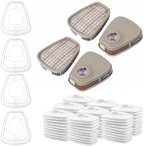 6001 Lot de 4 filtres pour masque respiratoire, filtre contre les vapeurs organiques, 4 filtres, 4 capuchons pour artisans, bricoleurs, 80 cotons, masque anti-poussière pour le visage