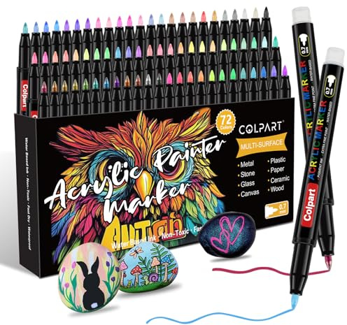 colpart Extra Fine Tip Acrylic Paint Markers 72 Colors Acrylic Paint Pens for Rock Painting Wood Canvas Stone Glass Ceramic Surfaces