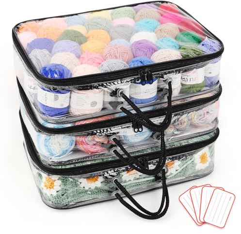 Coopay 3 Stück Transparenter Garn Aufbewahrungs Organizer, Tragbare Garnaufbewahrung, Staubdichte Wolle Aufbewahrung mit 4 Etiketten, Garnaufbewahrung mit Reißverschlüssen und Griff (40 x 30 x 10cm)