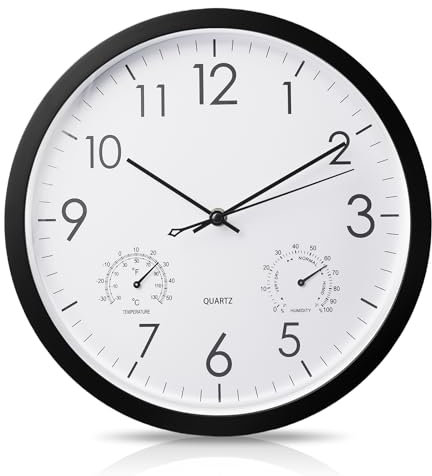 Horloge de jardin résistante aux intempéries - Étanche - Horloge murale d'extérieur étanche - Avec thermomètre et hygromètre - Horloge murale pour l'intérieur et l'extérieur - Pour cuisine, salon