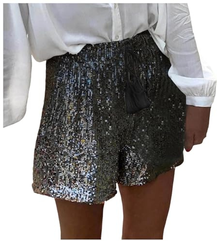 Short Paillette Femme Taille Haute- Short Sexy De Perles Sequins Magnifiques à Cordon De Serrage Et Pompons Chic Élégants pour Bar Danse Fête Disco Festival Clubwear Party Moulant