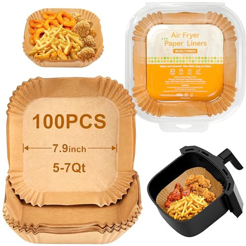 100 Pcs Carta Forno Per Friggitrice Ad Aria, 20 Cm Quadrate, BPA Free, Antiolio E Termoresistente, Carta Per Friggitrice Ad Aria Per Forni A Microonde Da 5-7 Litri