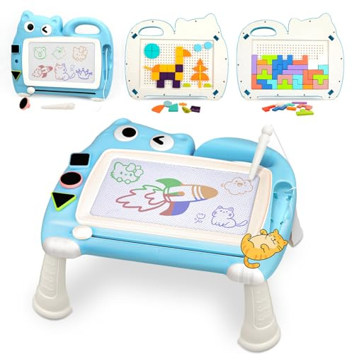 Riswistoy 3 en 1 Kid Ardoise Magique 8.5 Inch, Tableau Magique pour Enfants, Jeux Créatifs pour Dessin à la Maison, en Voyage ou à l'Extérieur(Bleu)