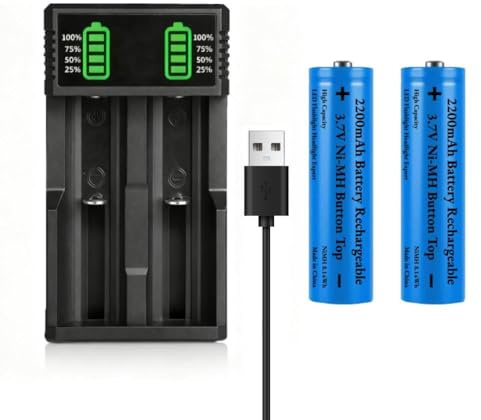 3.7V Pile Chargeur avec 2 Pack 3.7V 2200mAh Pile Button Top Rechargeables Ni-MH, 2 Sel USB Universels Intelligent Batterie Chargeurs, pour Lampe Frontale LED,Mini Ventilateurs,Taille:18.01mm * 67.01mm