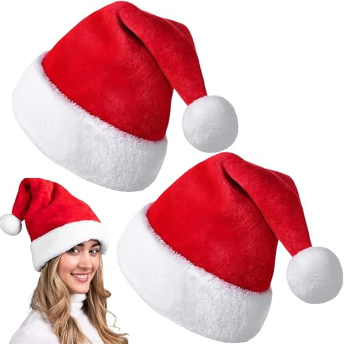 AYNKH 2Pcs Santa Hats, Deluxe Plush Christmas Hat for Adult, Thicken Comfortable Velvet Bulk Santa Hat for Christmas New Year Party Novelty Costume
