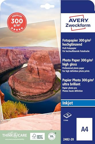 Avery Zweckform Art. 2482-20 Premium Inkjet Fotopapier (15 Blatt, 300 g/m², DIN A4, hochglänzende Fotokarten, einseitig beschichtet, sofort trocken & wischfest, Fotoblätter für Inkjet-Drucker) weiß