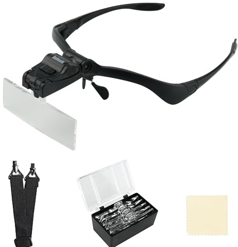 Headhand Magnifier Glasses with 2 LED Professional Jeweler's Loupe Light Bracket and Headband are Interchangeable 5Lens Glass Magnifying Visor