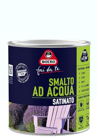 Boero Fai Da te, Smalto Satinato all’Acqua, per Interno/Esterno, Inodore, Ecofriendly, Pronto all’Uso, per Legno, Ferro, PVC, Latta da 0,5L, Colore Bianco Ghiaccio