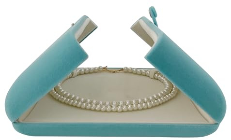 Aqua Teal Velvet Jewelry Box for Large Necklace Luxury Pearl Strand Presentation Case, Tri-Panel Flat Open Design, Button Clip Closure, Cream Velvet Interior, Gift Box for Wedding Birthday