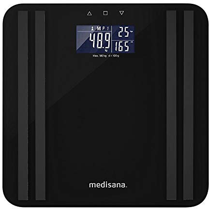 medisana BS 465 Körperanalysewaage bis zu 180 kg, Personenwaage zur Messung von Körperfett, Körperwasser, Muskelmasse und Knochengewicht, Körperfettwaage Lichtindikator