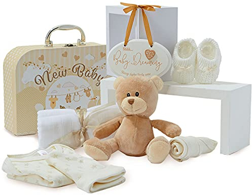 Regalo de Bebé Recién Nacido –- Cesta de Recién Nacido Azul Estilo Maletín con Osito, Cepillo, Patucos de Punto, Babero, Gorro, Muselina y Placa – Cesta de Bebé para Baby Shower