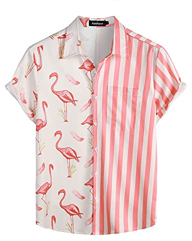 VATPAVE Mens Flamingo Hawaiian Shirts Casual Floral Short Sleeve Button Down Shirt Summer Shirts Large Red Flamingo Print
