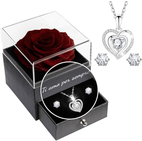 Yamonic Rosa Eterna Regalos Originales para Mujer,Rosa Eterna Natural Preservada con Collar y Pendientes de Plata de Ley 925,Flore Preservada Regalo Navidad San Valentin Dia de la Madre Cumpleaños