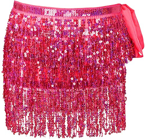 Carnavalife Pañuelo Danza del Vientre, Falda de Pañuelo con Monedas de Lentejuelas Brillantes, Cinturón Danza del Vientre Mujer (Salsa Fucsia)