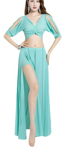 HEARTTOUCH Damen Bauchtanz Kostüm Glänzend Oberteil Bauchfrei Kurzarm Crop Top Tanzrock Tanzkostüm Belly Dance Outfit für Karneval Fasching (Grün,XL)