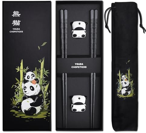 Set di Bacchette Riutilizzabili in Fibra di Vetro - 2 Paia con Portabacchette a Forma di Panda - Design Carino Cinese - Lavabile in Lavastoviglie - Ideale per Sushi, Hot Pot, Regali (Nero) ﻿
