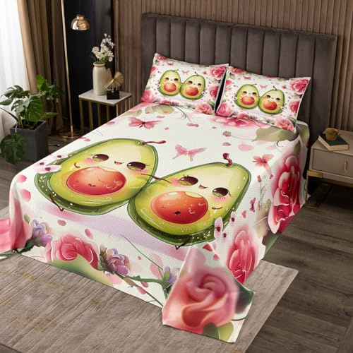 Lindo edredón infantil de aguacate, tamaño doble, colcha acolchada con flores rosas y mariposas con 2 fundas de almohada, juego de colcha floral de frutas kawaii para niños, niñas y adultos, edredón
