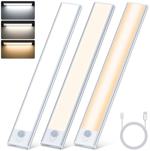 Pinlanuo Under Cabinet Kitchen Lights, 3 Colour Temperatures Dimmable Cupboard Lights, USB Rechargeable Motion Sensor Lights Indoor 20CM for Stairs Wardrobe Shelf（3 Pack）