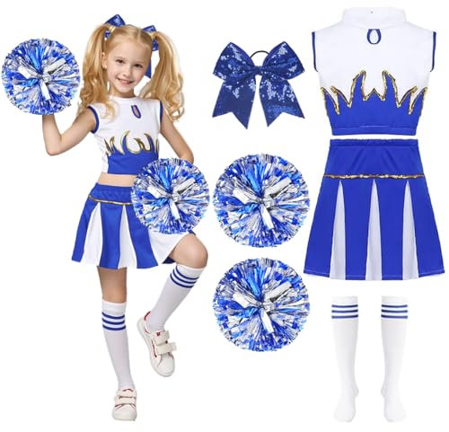 LGZIN Cheerleader Kostüm Kinder, Cheerleading Kleid, Cheer Uniformen, Crop Tops, Rock, Pompons, Socken und Haarzubehör, Cheerleadering Outfit Mädchen, Kinder Cheer Outfit für Karneval, Mottoparty-150