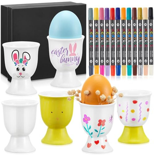 Sinmoe 6 Coquetier Oeuf en Ceramique Peindre Votre Propr Coquetier avec 12 Pièces 24 Couleurs Stylo en Porcelaine et Boîte de Cadeau Support pour Œuf à la Coque pour DIY Cadeau de Fête des Mères