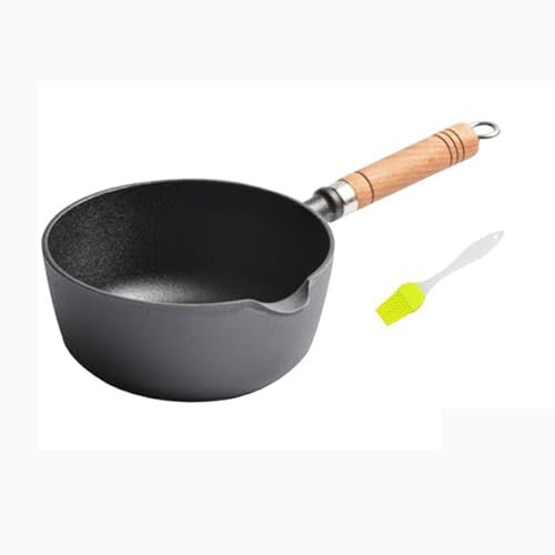 Gjutjärnskastrull, non-stick liten mjölkkastrull med trähandtag, lämplig för induktion, elektriska och gasspisar, obelagd gryta stekpanna