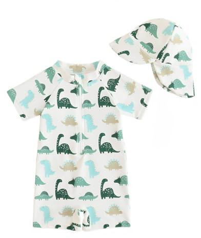 UV Kleidung Baby Badeanzug mit Hut Gr 68-98, UPF UV Schutzkleidung Schwimmanzug Baby Junge, Kleinkind Einteiliger UV Badebekleidung Shirt, Grüner Dinosaurier 2-3 Jahre/92-98